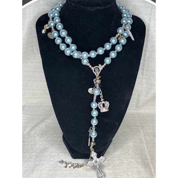 Jewelry - Blue Pearl Religious Rosary Necklace Charm Accents Mother Pray Crown Cross Angel
